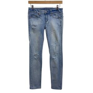 American Eagle Y2K Low Rise Stretch Distressed Light Wash Skinny‎ Jeans Size 0